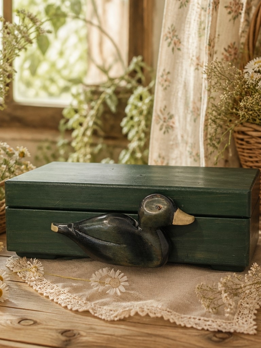 Vintage Wooden Tea Box with Duck Carving – Forest Green